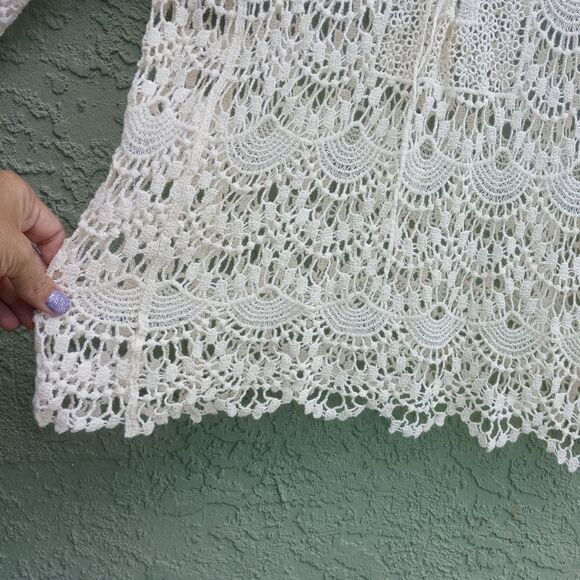 NWOT FORGOTTEN GRACE 100% Cotton Knit Cream Long Sleeve See-Thru Lace Up Top M - Picture 3 of 8